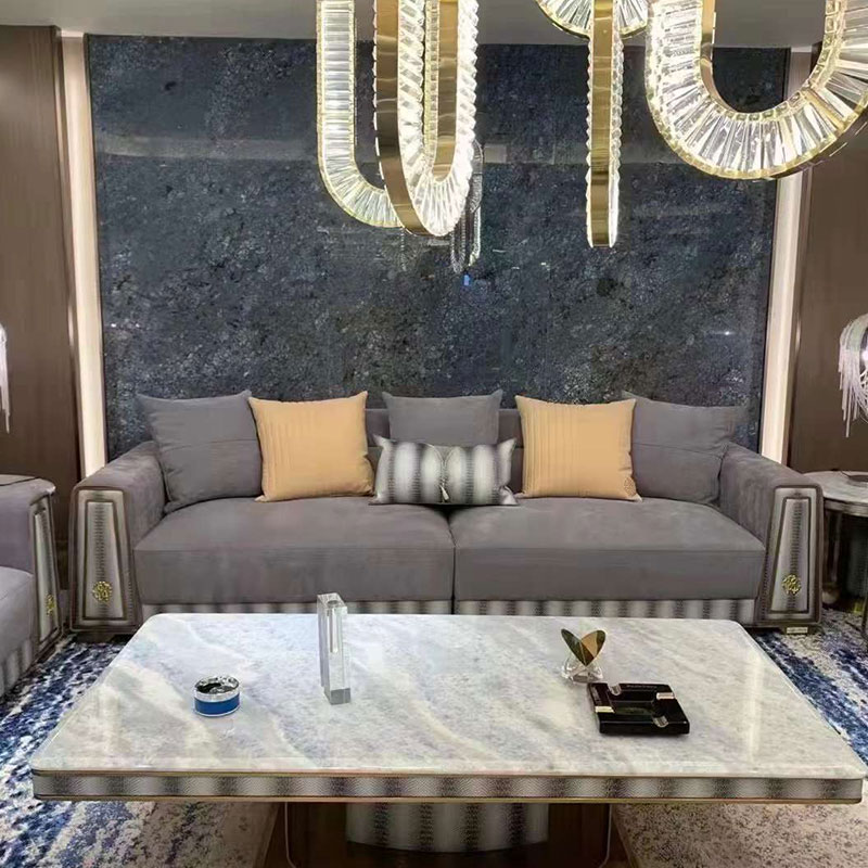 Mesa de losa de estilo nórdico con canicas de cristal Aura azul brasileño