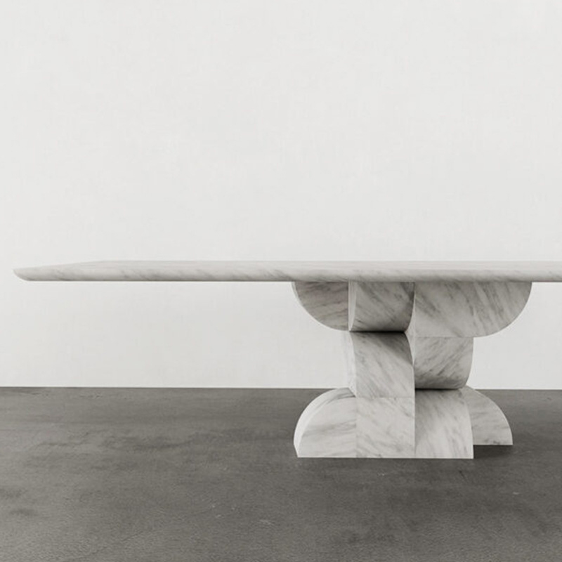 Mesa de comedor cuadrada moderna de mármol blanco con base negra