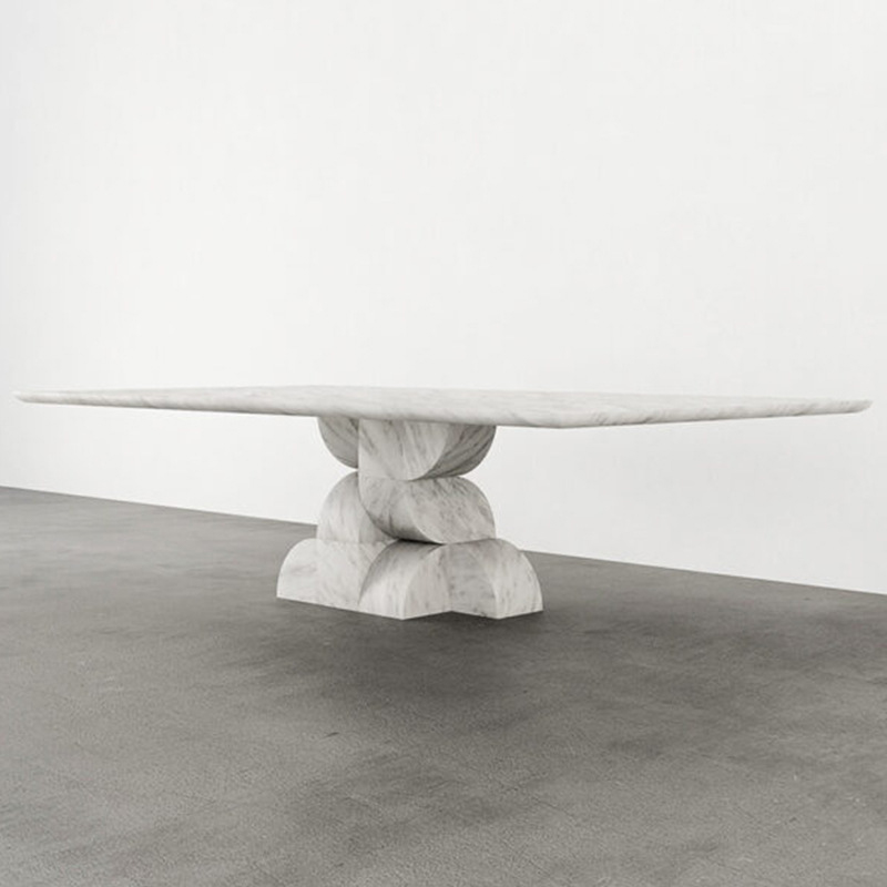 Mesa de comedor cuadrada moderna de mármol blanco con base negra